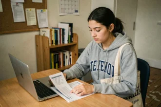 Étudiante consultant des documents de mutuelle LMDE dans sa chambre universitaire