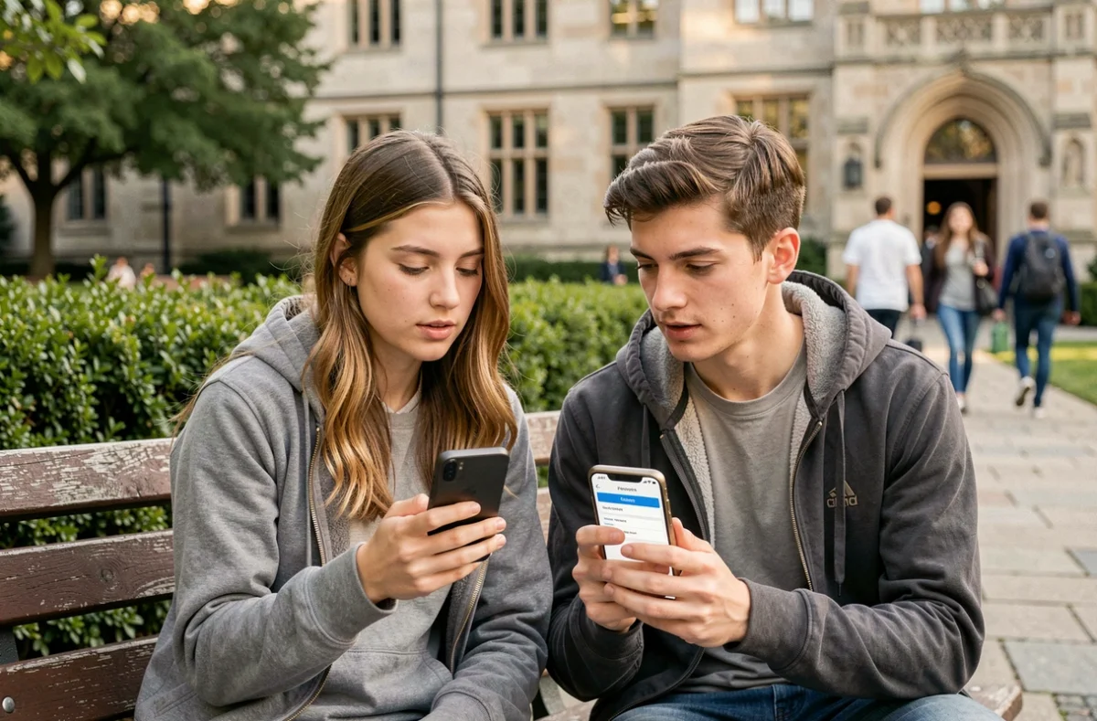 Deux étudiants comparant les tarifs et garanties de la mutuelle LMDE sur smartphone au campus