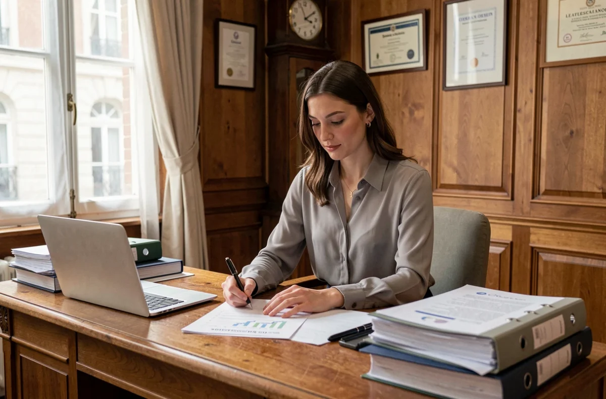 Experte-comptable de l'Orléanais annotant un rapport financier dans les bureaux d'Excelor Expertise Comptable à Orléans