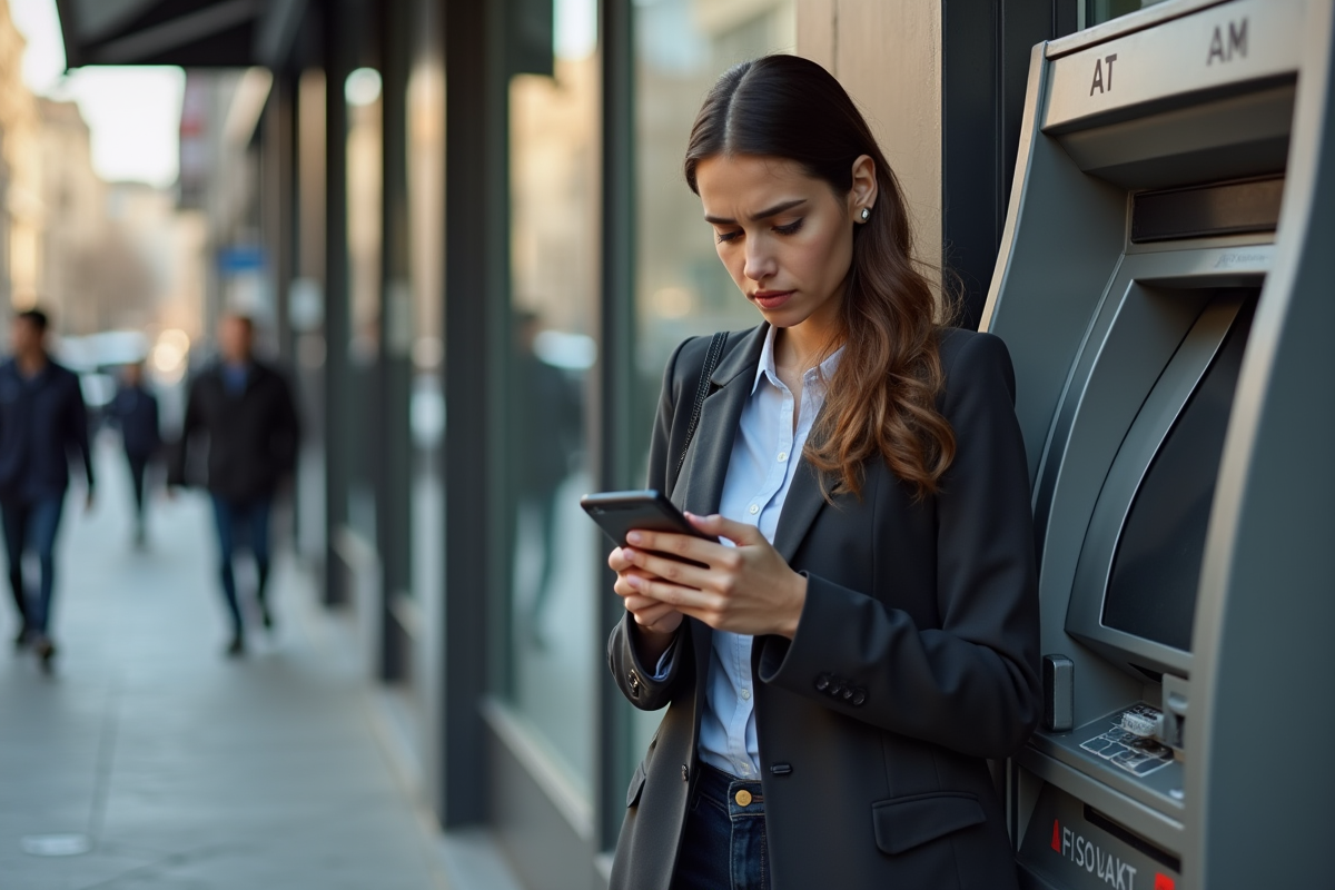 Jeune femme devant un distributeur automatique en ville