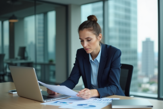 Femme d'affaires concentrée analysant des graphiques au bureau
