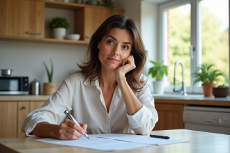 Femme d'affaires française lisant des papiers dans une cuisine lumineuse