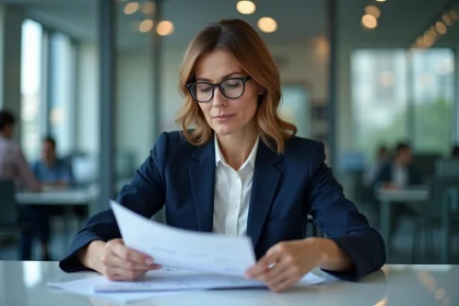 Femme d'affaires examinant un portefeuille financier dans un bureau moderne