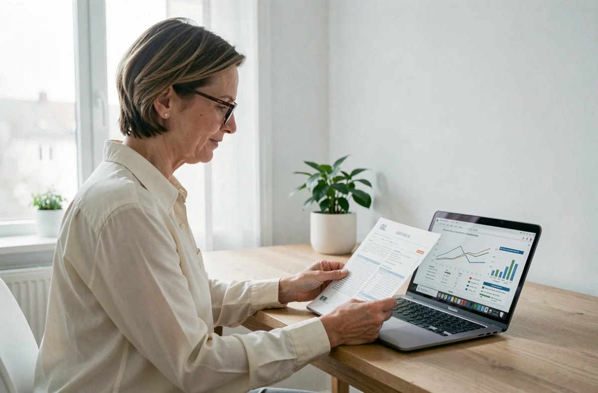 Femme analysant un prospectus de placement immobilier SCPI à son bureau à domicile