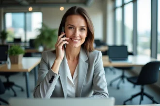 Femme professionnelle en blazer gris téléphonant à un conseiller bancaire depuis son bureau