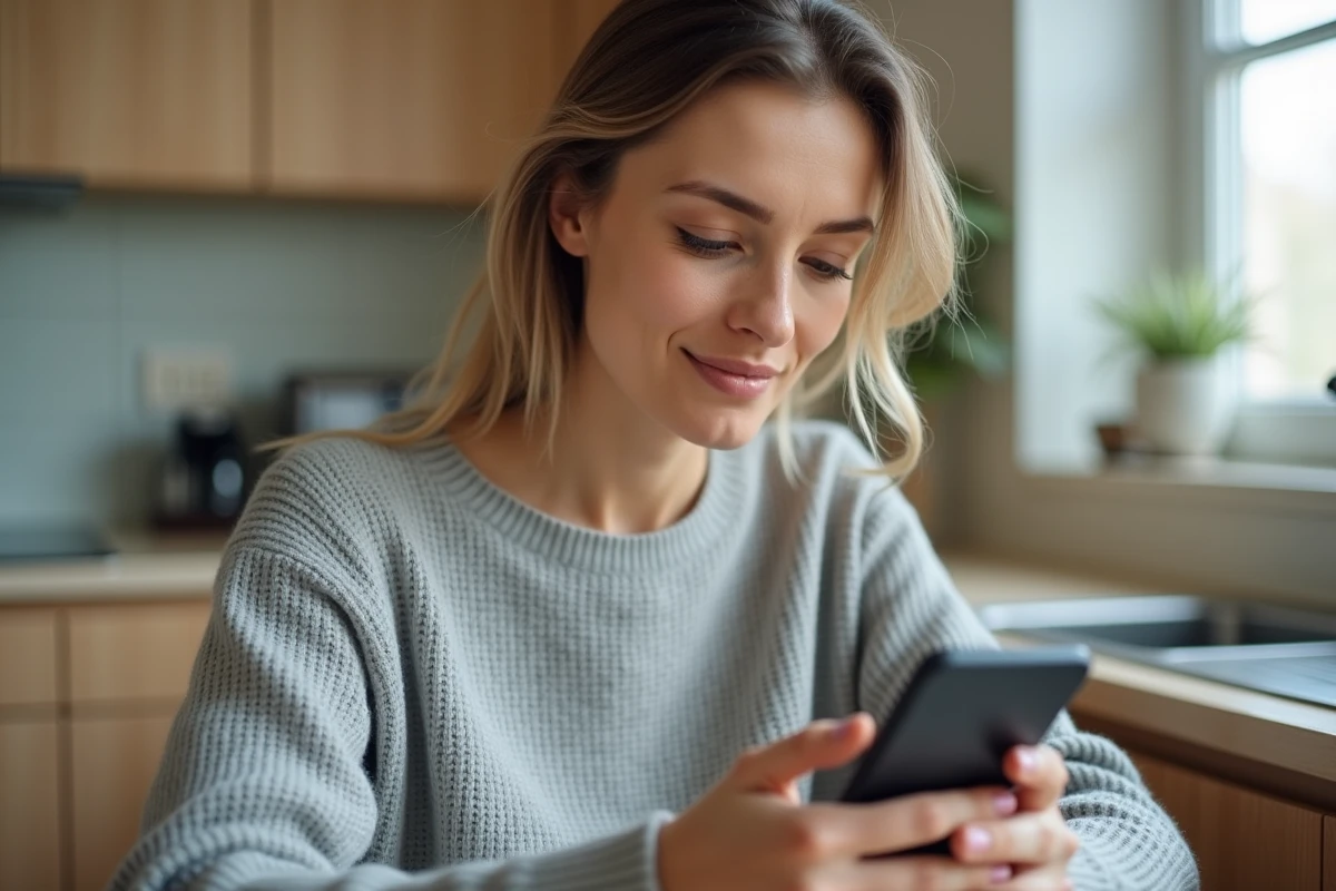 Femme ajoutant un nouveau bénéficiaire sur l'application bancaire mobile Crédit Maritime depuis sa cuisine