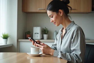 Femme utilisant l'application bancaire La Banque Postale sur son smartphone depuis sa cuisine le matin