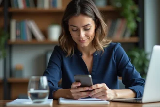 Femme utilisant l'application LCL Particuliers sur smartphone pour sécuriser son accès bancaire depuis son bureau à domicile
