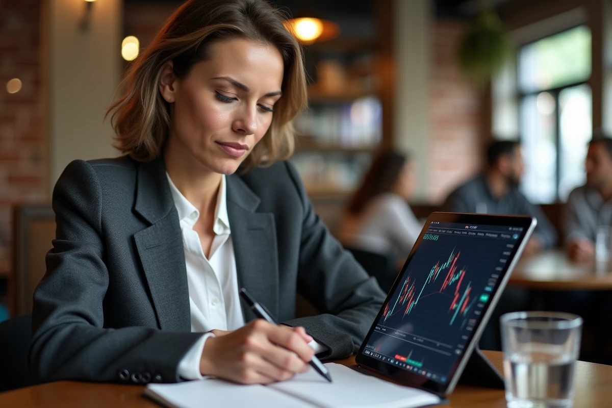 Femme active qui apprend à investir en bourse sur une tablette dans un café pendant une pause professionnelle