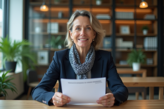 Femme d'âge moyen dans une banque moderne examine des documents de prêt
