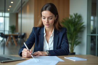 Femme professionnelle examine un document de pret bancaire