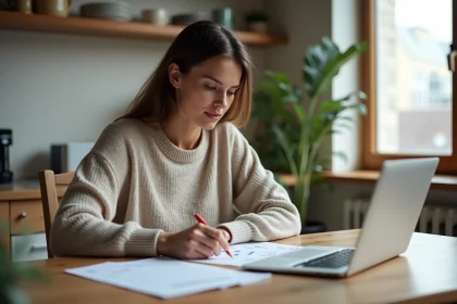 Femme en cuisine entrant des chiffres dans un tableau de budget