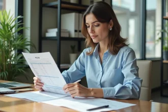 Femme concentrée en comptabilite dans un bureau lumineux