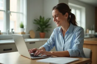 Femme en travail numérique dans une cuisine lumineuse