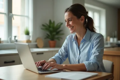 Femme en travail numérique dans une cuisine lumineuse