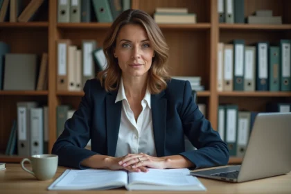 Femme consultant des documents administratifs sur les aides de l'État et le versement 1745 dans un bureau à domicile