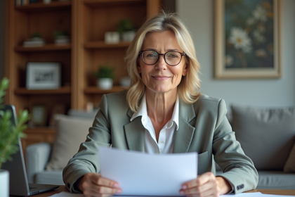 Femme d'âge moyen au bureau à domicile en train de lire des papiers