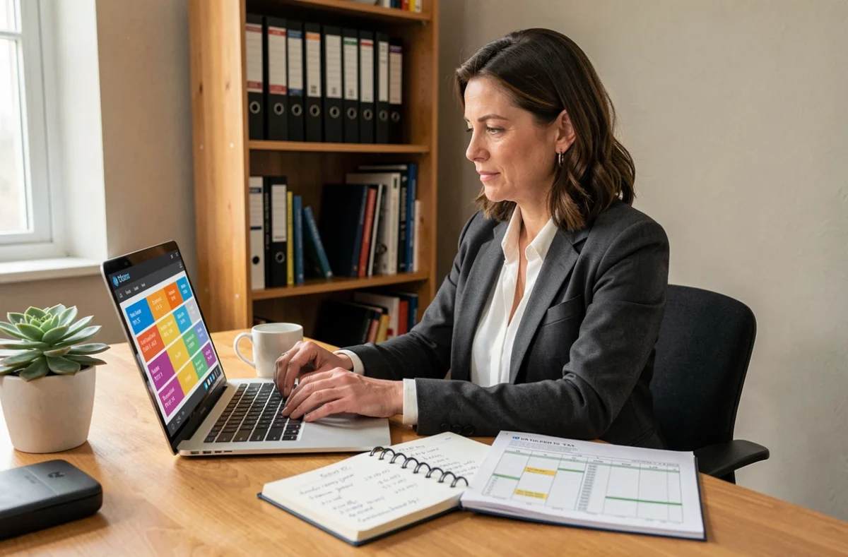 Femme travaillant depuis son bureau à domicile sur un simulateur TVS en ligne avec une fiche Excel imprimée à côté