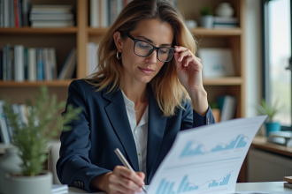 Femme professionnelle en bureau gérant ses investissements