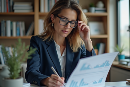 Femme professionnelle en bureau gérant ses investissements