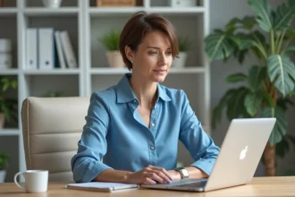 Femme concentrée travaillant sur son ordinateur dans un bureau à domicile