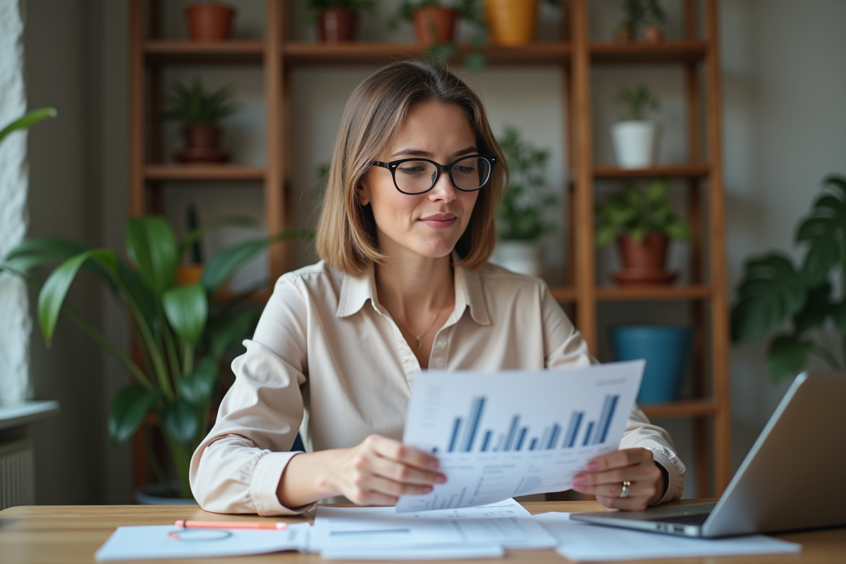Femme au bureau examinant des graphiques financiers