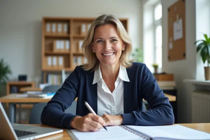 Femme concentrée dans un bureau scolaire moderne