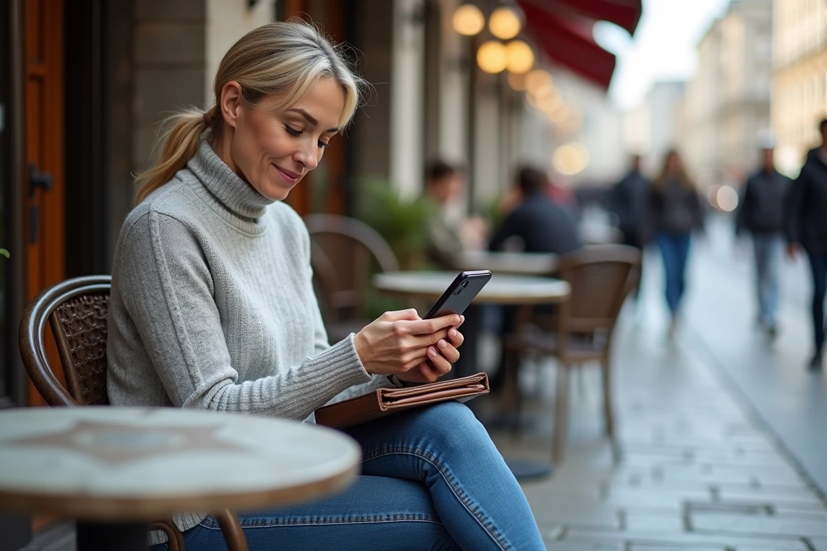 Femme au café vérifiant son relevé bancaire sur smartphone