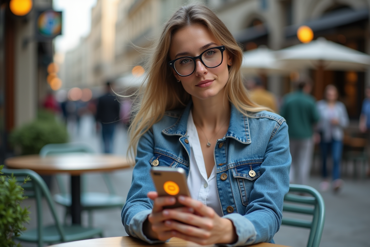 Femme technophile tenant un smartphone avec symbole bitcoin