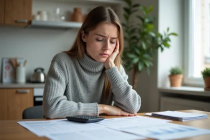 Femme consultant des documents APL et calculant ses droits aux aides au logement à son domicile