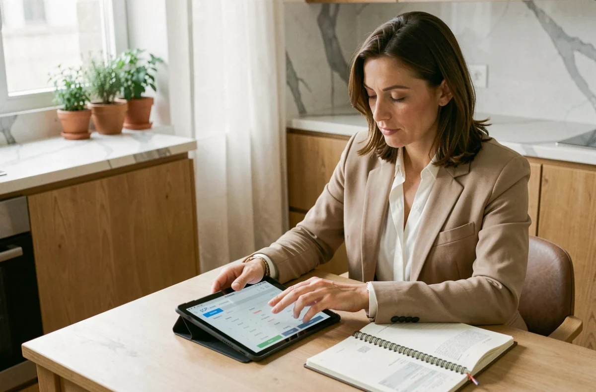 Femme calculant le rendement de ses investissements SCPI sur une tablette à la maison avec un carnet de planification financière