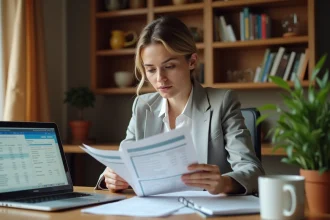 Femme examinant des fiches de salaire et documents bancaires pour estimer sa capacité d'emprunt immobilier