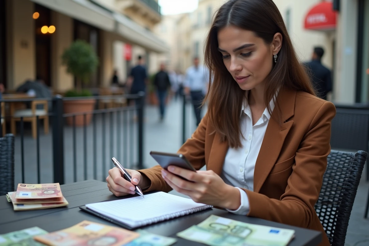 Jeune femme vérifiant ses euros et dirhams au café