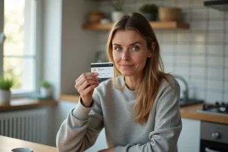 Femme tenant une carte bancaire expirée en regardant la date de validité dépassée, assise dans une cuisine moderne