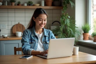 Jeune femme souriante vérifiant ses gains cashback sur son ordinateur