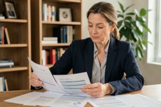 Femme consultant des documents de mutuelle Gras Savoye à son bureau à domicile