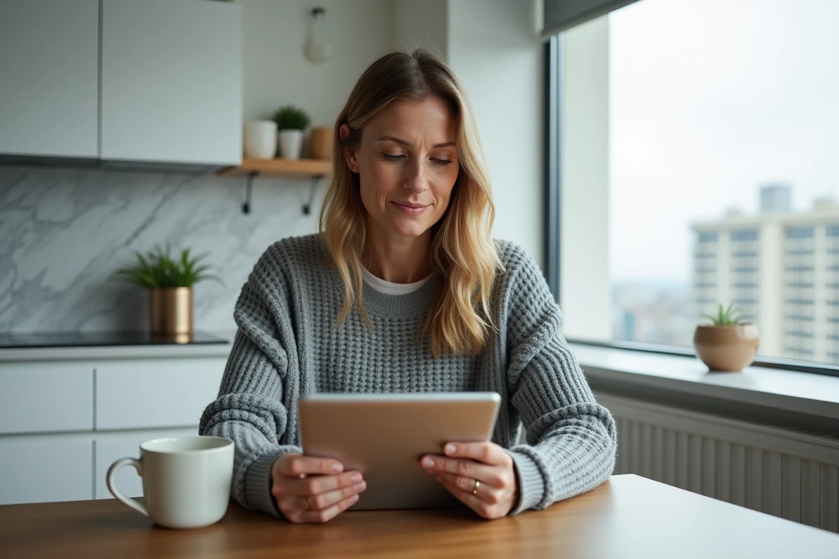 Femme consultant un comparateur de prêt trésorerie sans justificatif sur une tablette dans sa cuisine