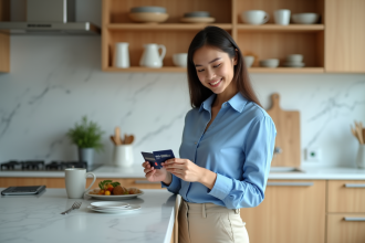 Jeune femme compare deux cartes Visa dans sa cuisine