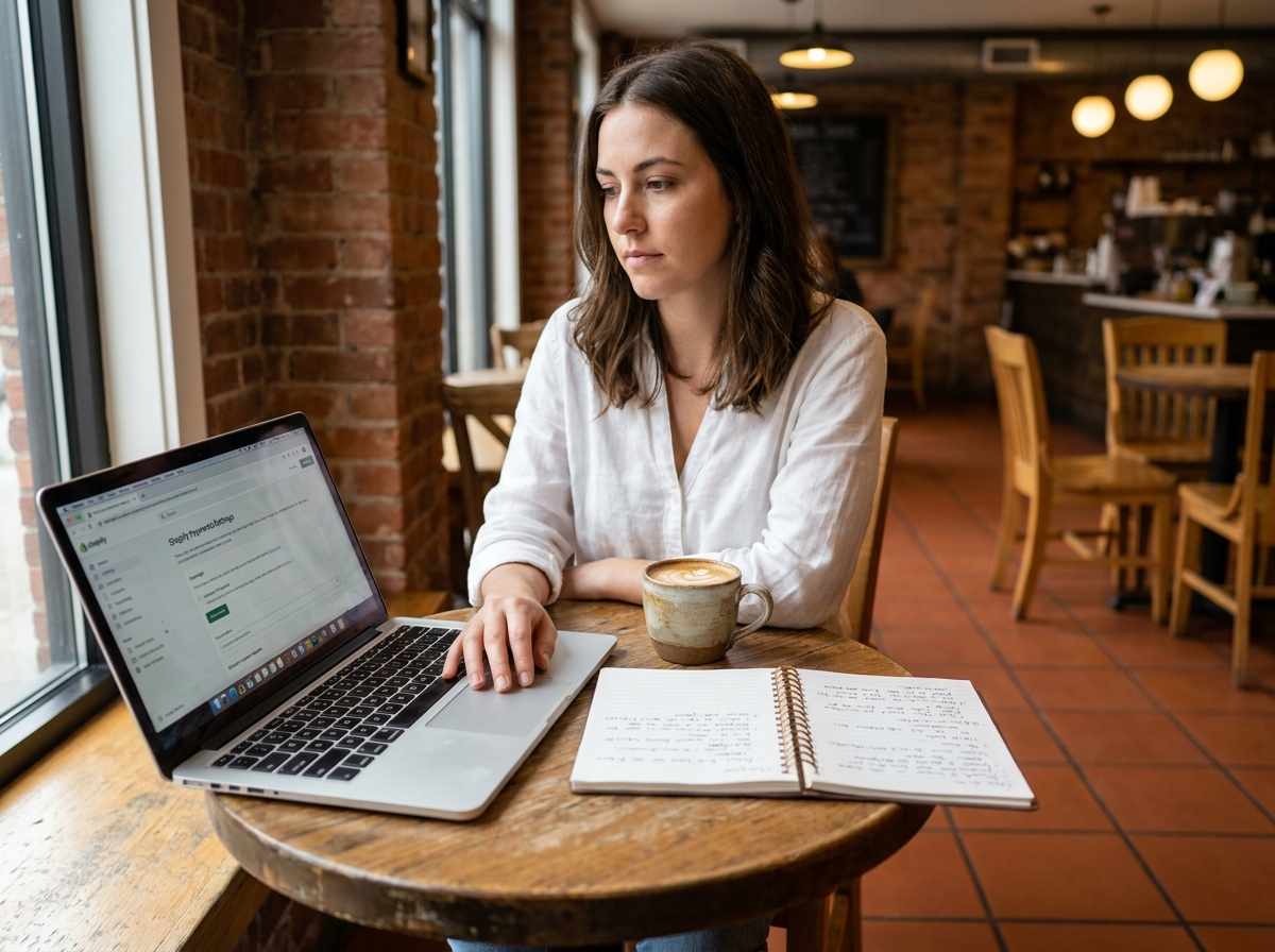 Jeune femme configurant les options de paiement Shopify de sa boutique en ligne dans un café urbain