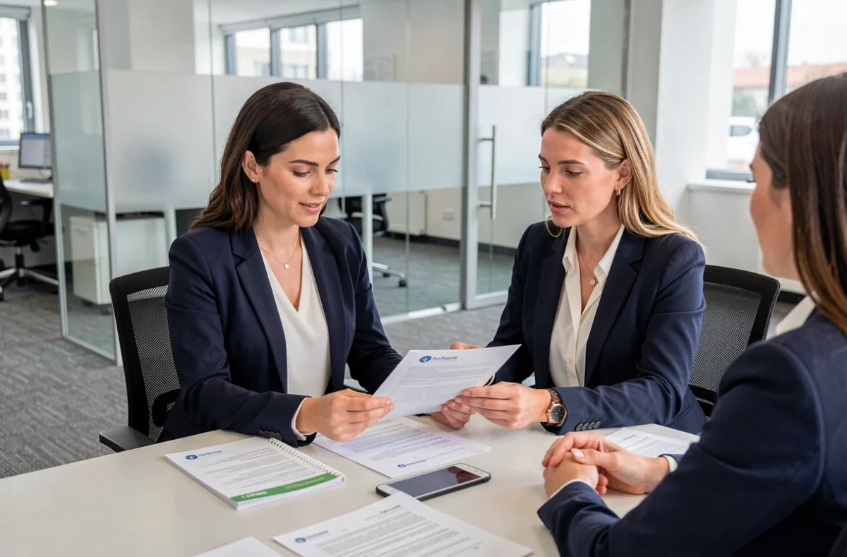 Femme discutant d'un contrat d'assurance emprunteur avec un conseiller bancaire dans une agence moderne
