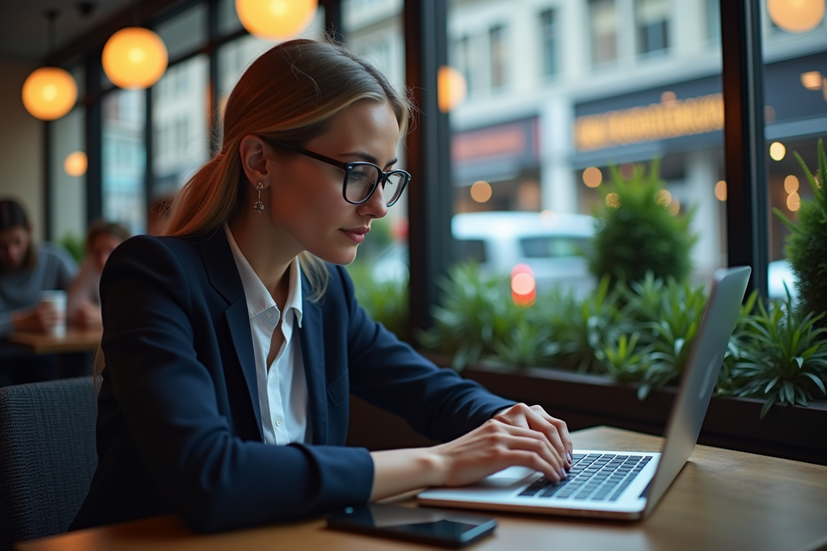 Jeune femme analysant des graphiques crypto dans un café moderne