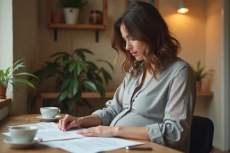 Femme enceinte consultant des documents administratifs sur la prime d'activité pendant son congé maternité