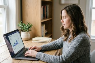 Femme entrepreneur gérant son module de paiement Shopify sur son ordinateur portable dans un bureau à domicile