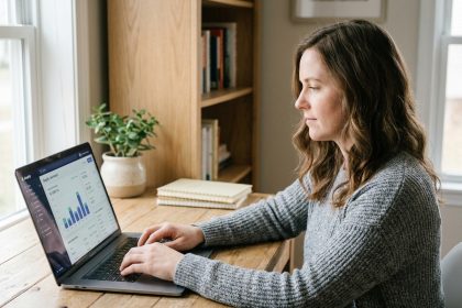Femme entrepreneur gérant son module de paiement Shopify sur son ordinateur portable dans un bureau à domicile