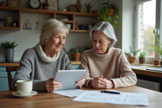 Femme et fille examinant des papiers de pension à la cuisine