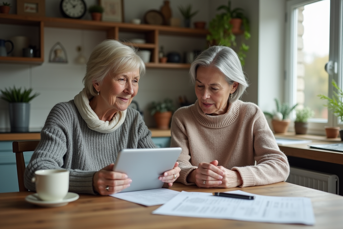 Femme et fille examinant des papiers de pension à la cuisine