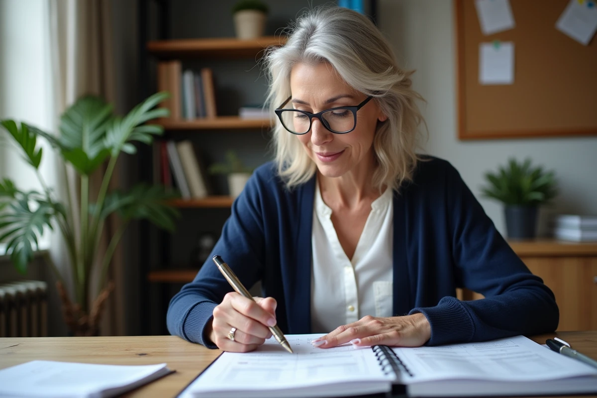Femme remplissant un formulaire de mensualisation des impôts fonciers dans un bureau à domicile