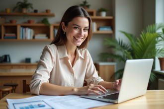 Femme souriante vérifiant ses documents fiscaux à la maison