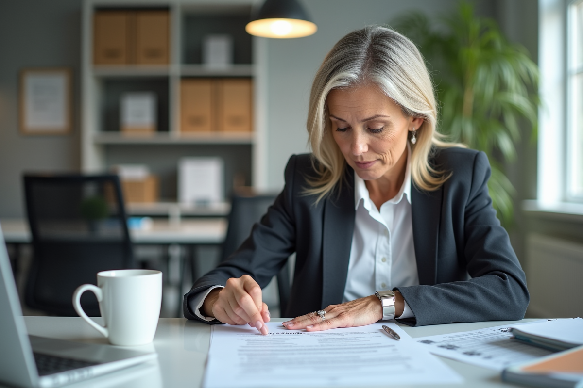 Femme d affaires examinant un document hypothécaire