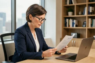 Femme cadre analysant un dossier d'investissement en SCPI dans un bureau moderne